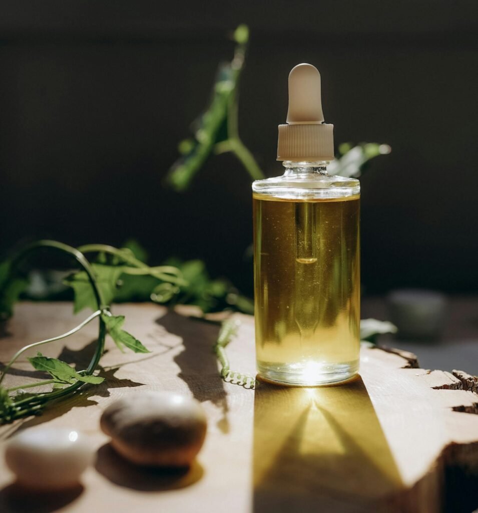 A clear bottle of aromatic oil on a wooden surface, surrounded by natural elements and sunlight.